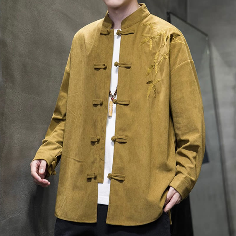 Buddha Stones Spring Chinese Embroidered Bamboo Men's Frog-button Long Sleeve Cotton Corduroy Jacket - image 12