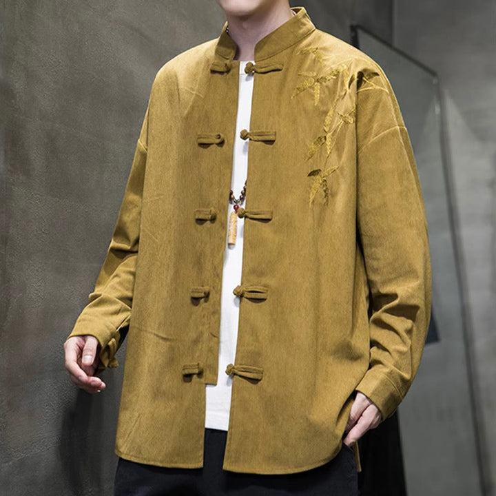 Buddha Stones Spring Chinese Embroidered Bamboo Men's Frog-button Long Sleeve Cotton Corduroy Jacket - image 12