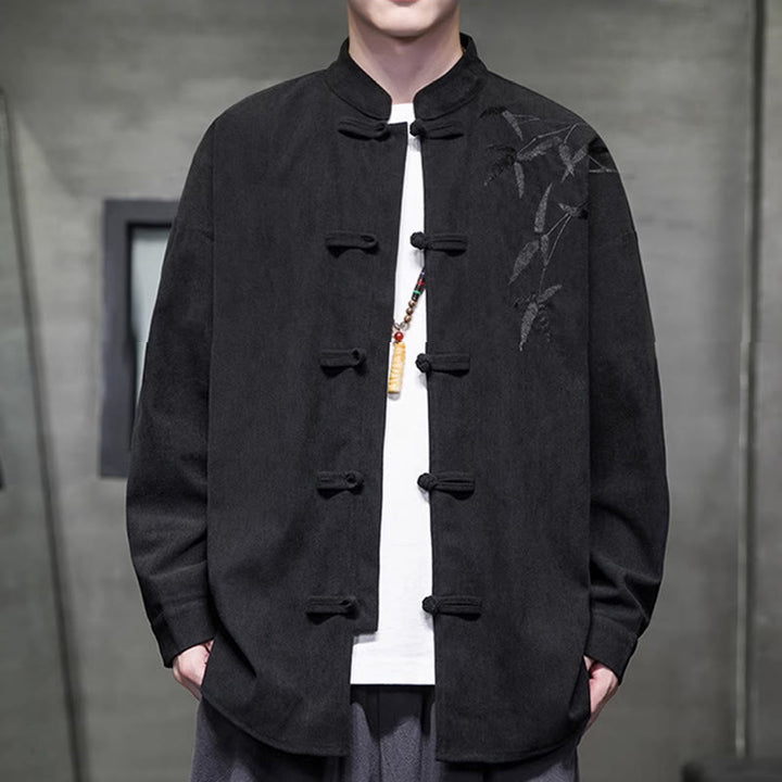 Buddha Stones Spring Chinese Embroiderd Bamboo Men's Frog-button Long Sleeve Cotton Corduroy Jacket - image 31