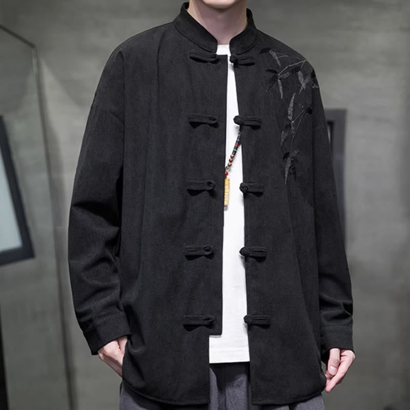 Buddha Stones Spring Chinese Embroiderd Bamboo Men's Frog-button Long Sleeve Cotton Corduroy Jacket - image 32