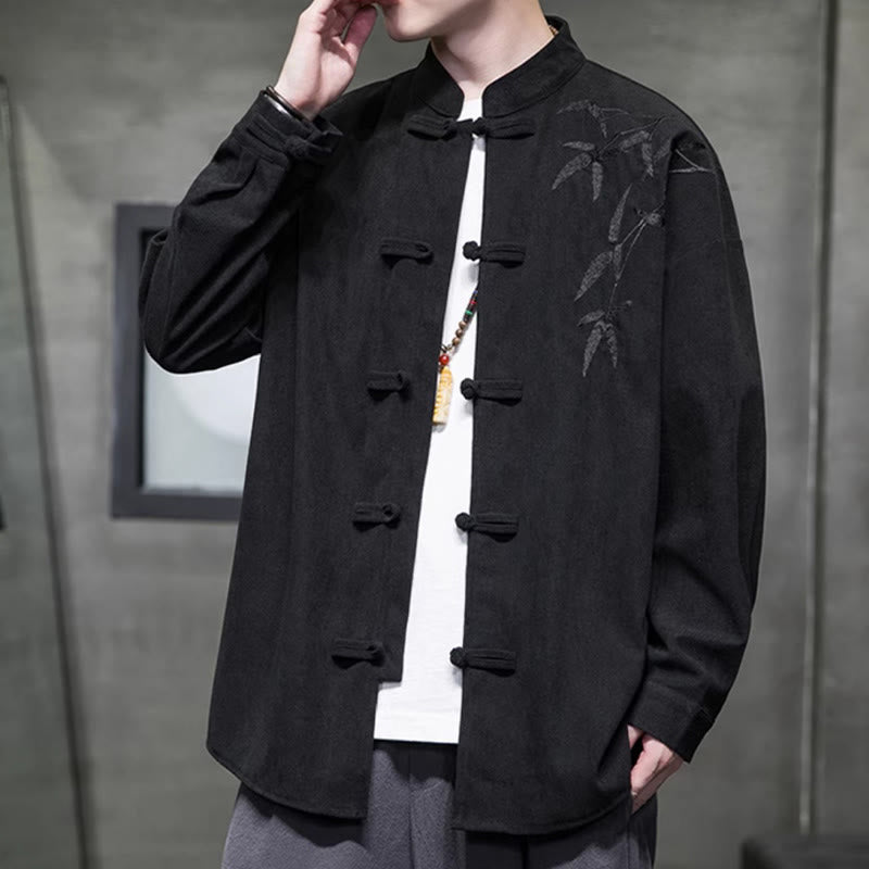 Buddha Stones Spring Chinese Embroidered Bamboo Men's Frog-button Long Sleeve Cotton Corduroy Jacket - image 30