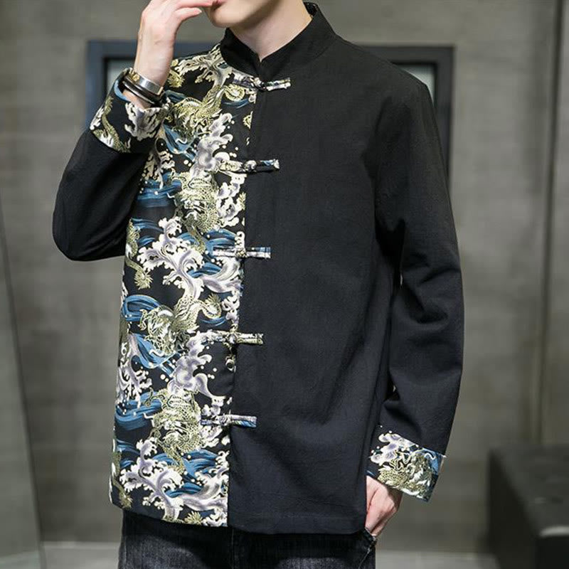 Buddha Stones Printed Color Contrast Dragon Pattern Frog-button Long Sleeve Men's Cotton Jacket - image 15