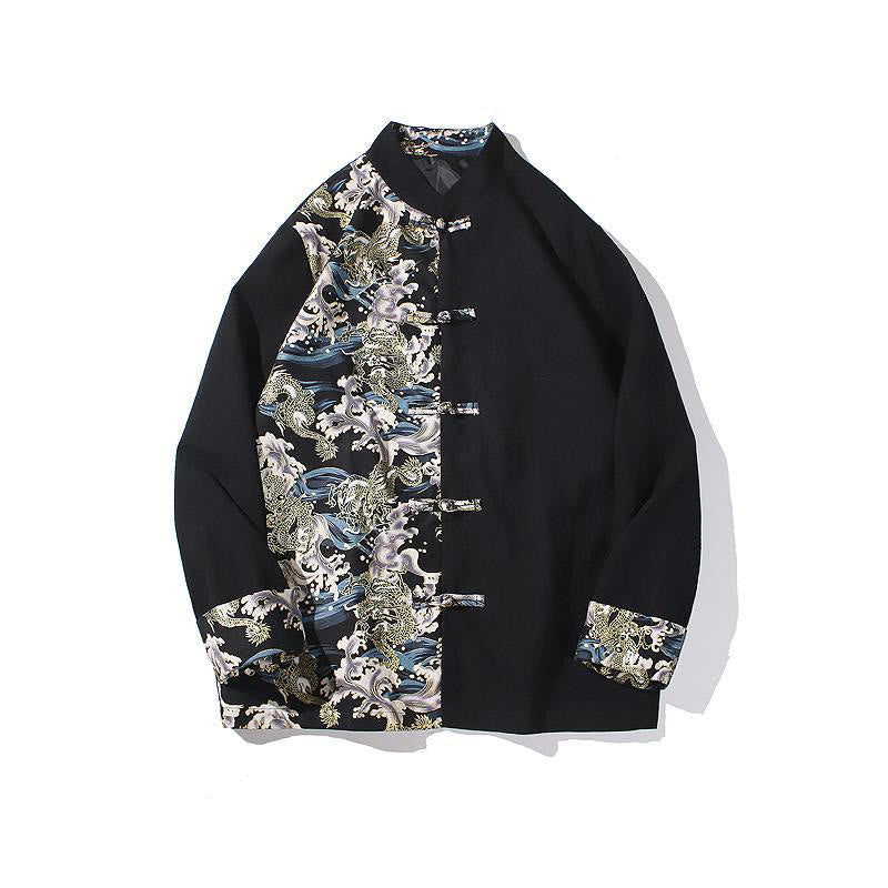 Buddha Stones Printed Color Contrast Dragon Pattern Frog-button Long Sleeve Men's Cotton Jacket - image 20