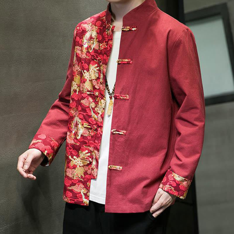 Buddha Stones Printed Color Contrast Dragon Pattern Frog-button Long Sleeve Men's Cotton Jacket - image 1
