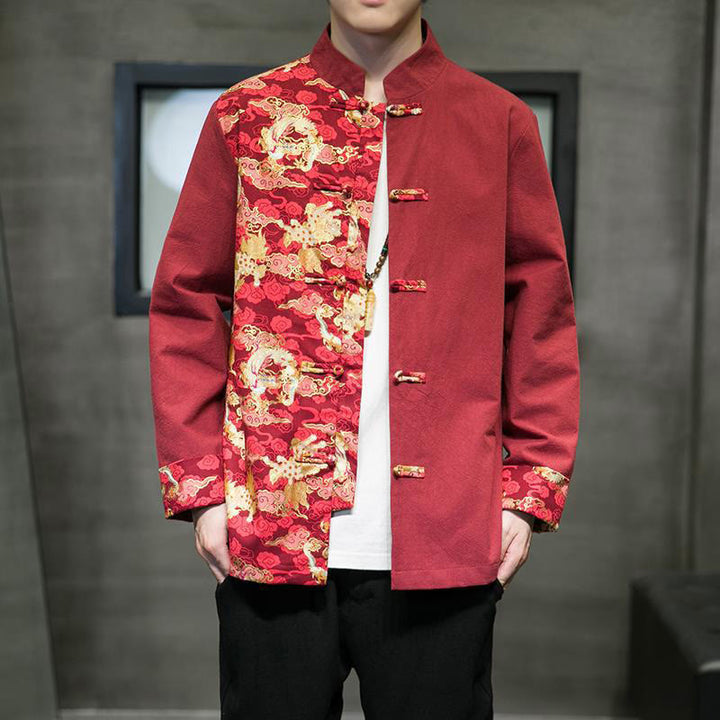 Buddha Stones Printed Color Contrast Dragon Pattern Frog-button Long Sleeve Men's Cotton Jacket - Crimson - US/UK/AU46，EU56 (5XL) - image 0