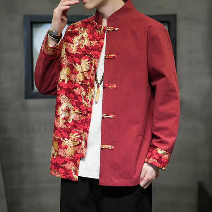 Buddha Stones Printed Color Contrast Dragon Pattern Frog-button Long Sleeve Men's Cotton Jacket - image 4