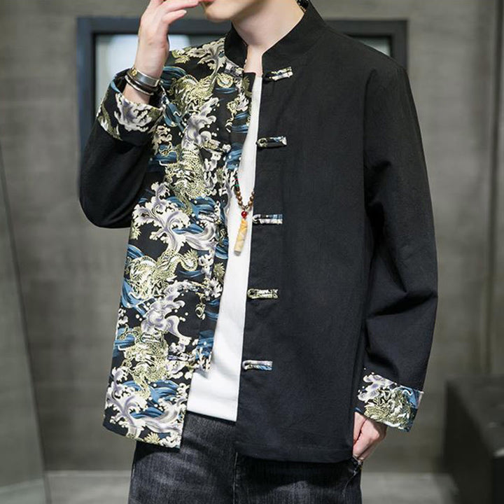 Buddha Stones Printed Color Contrast Dragon Pattern Frog-button Long Sleeve Men's Cotton Jacket - image 10