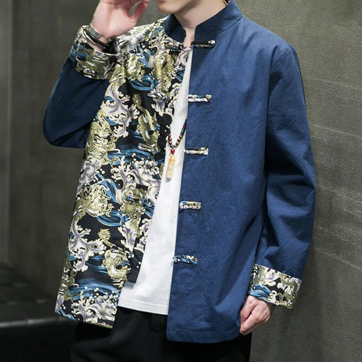 Buddha Stones Printed Color Contrast Dragon Pattern Frog-button Long Sleeve Men's Cotton Jacket - image 26