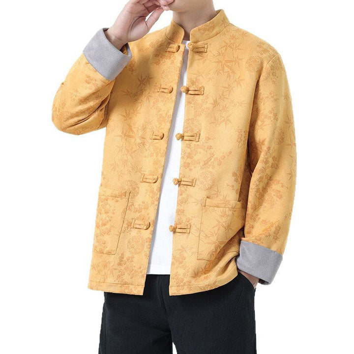 Buddha Stones Fall Jacquard Bamboo Frog-button Long Sleeve Men's Cotton Jacket With Pockets - image 4