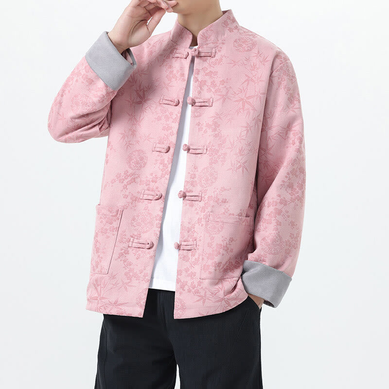 Buddha Stones Fall Jacquard Bamboo Frog-button Long Sleeve Men's Cotton Jacket With Pockets - Pink - US/UK/AU46，EU56 (5XL) - image 9