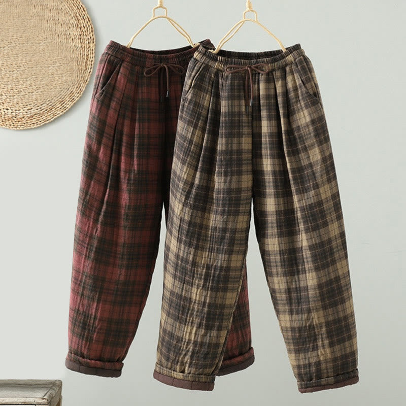 Buddha Stones Multi-color Plaid Pattern Cotton-padded Women's Harem Thermal Pants With Pockets - image 15