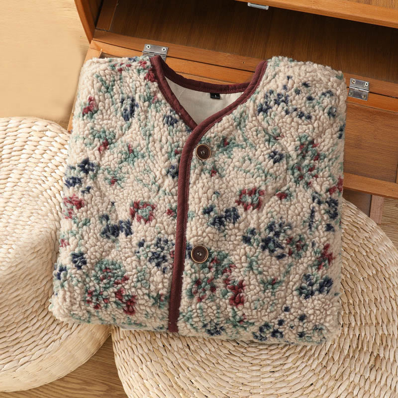 Buddha Stones Women's Cotton Flower Pattern Buttons Design Long Sleeve Thermal Jacket With Pockets - image 2