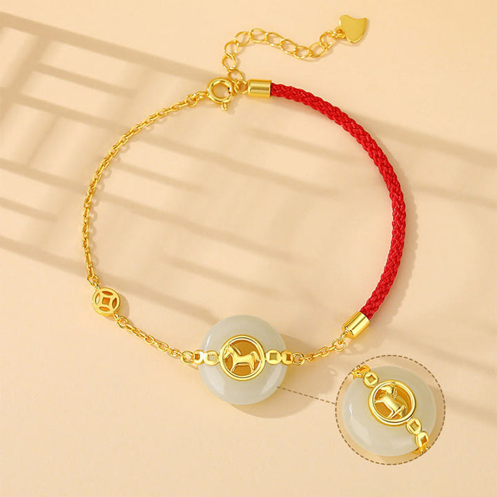Buddha Stones 925 Sterling Silver Hetian Jade Peace Buckle Year Of The Horse Red String Bracelet - image 2