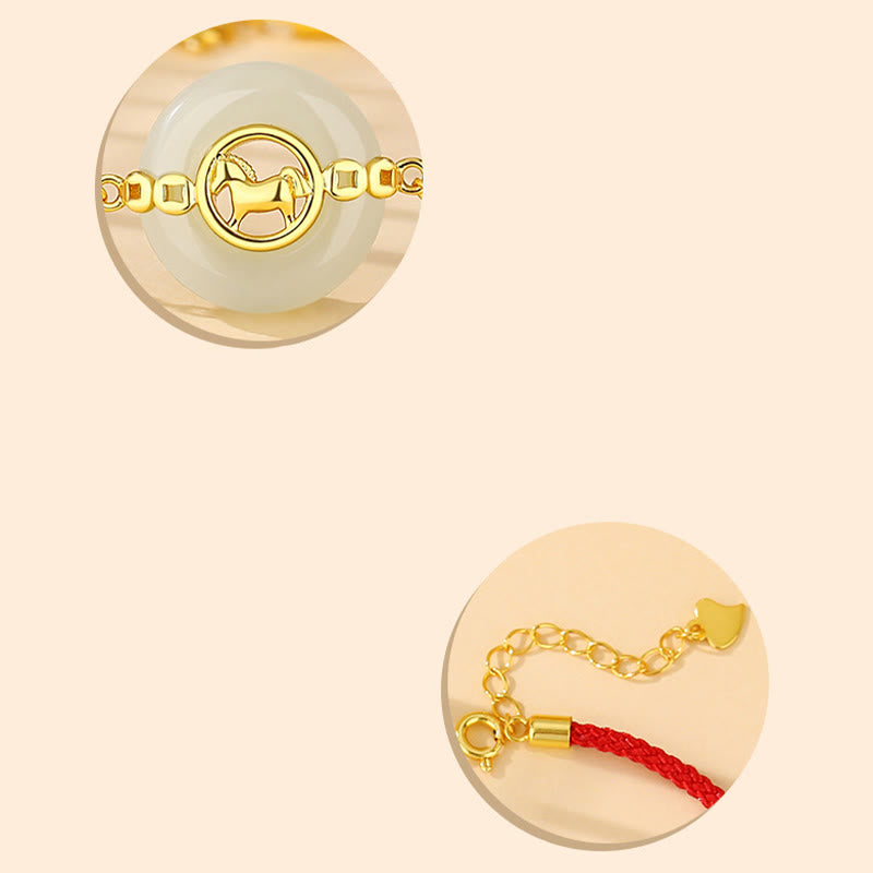 Buddha Stones 925 Sterling Silver Hetian Jade Peace Buckle Year Of The Horse Red String Bracelet - image 3