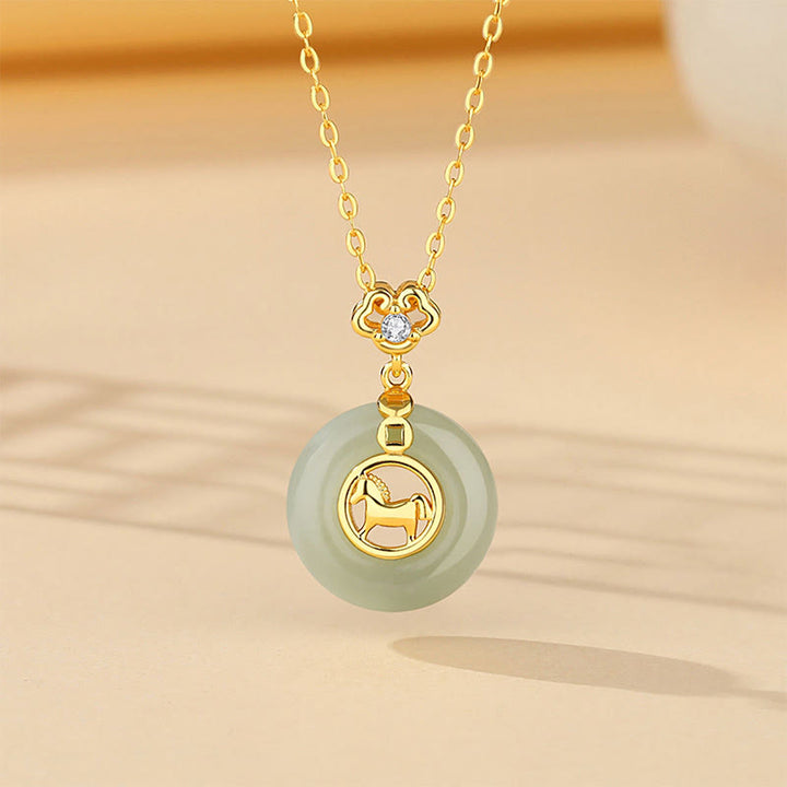 Buddha Stones 925 Sterling Silver Hetian Jade Year Of The Horse Peace Buckle Luck Necklace Pendant - Horse Necklace - image 0