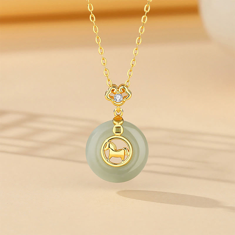 Buddha Stones 925 Sterling Silver Hetian Jade Peace Buckle Year Of The Horse Red String Bracelet - Horse Necklace - image 10