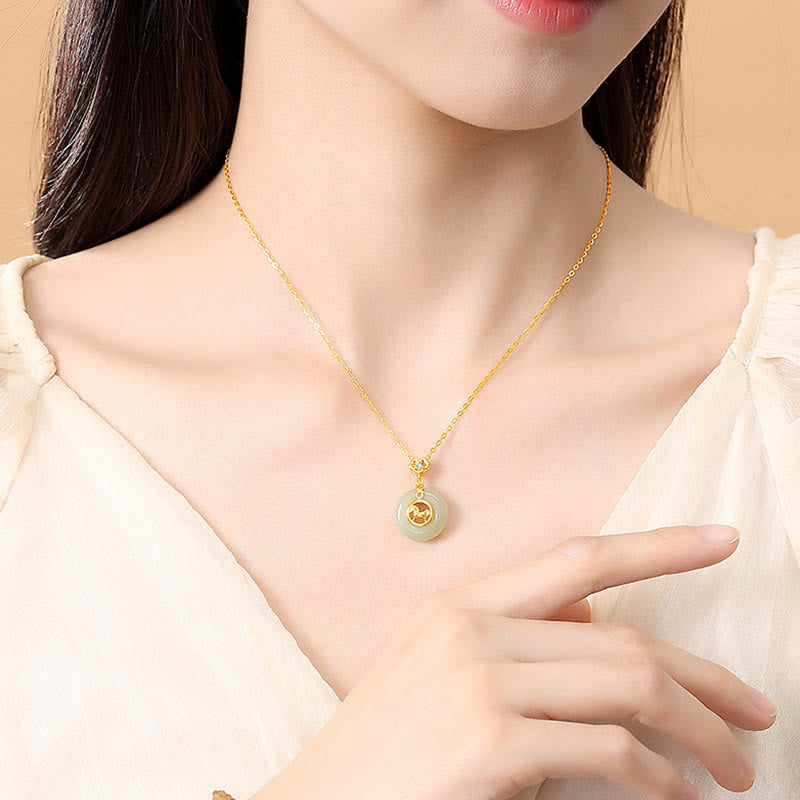 Buddha Stones 925 Sterling Silver Hetian Jade Year Of The Horse Peace Buckle Luck Necklace Pendant - image 4