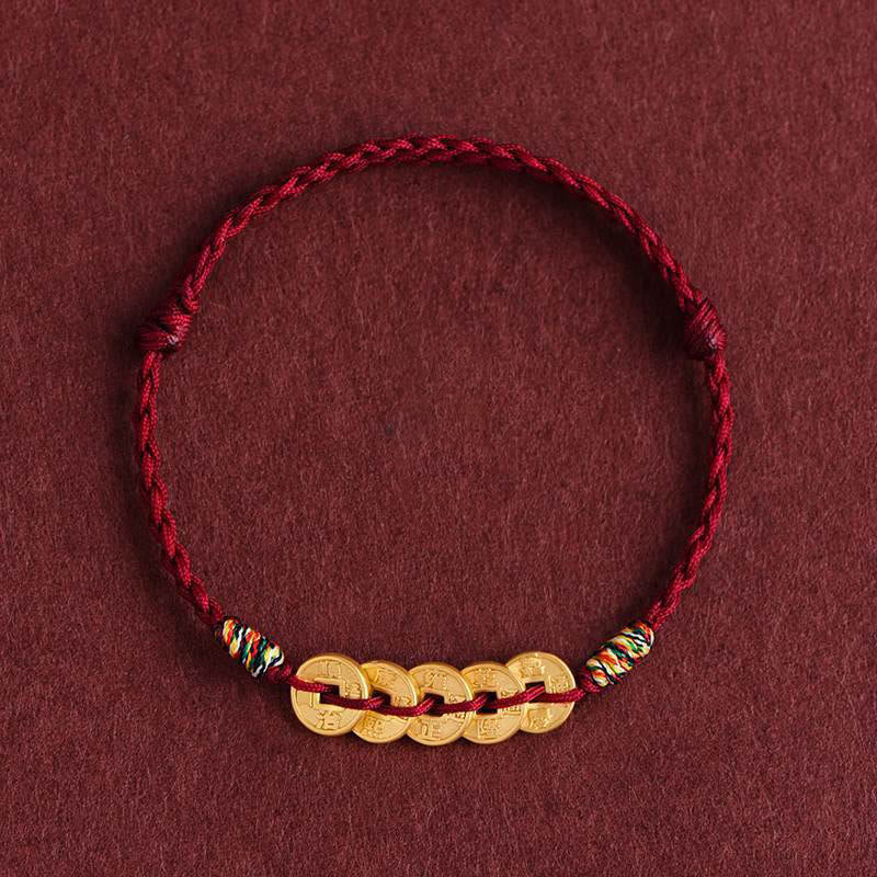 Buddha Stones Five Copper Coins Design Braided String Protection Bracelet Anklet - DarkRed Anklet - image 11