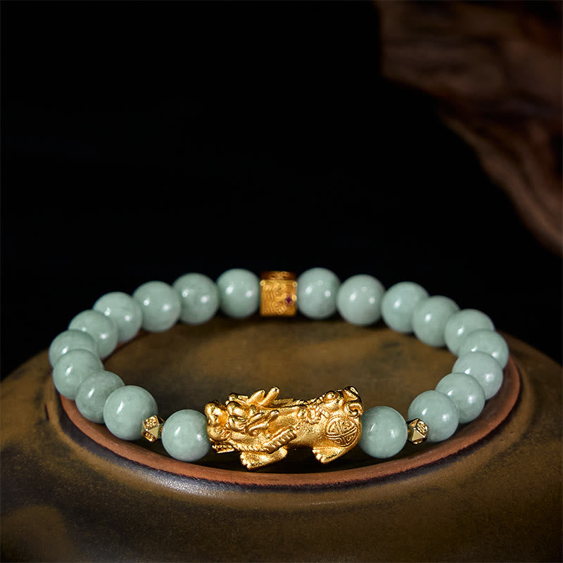 Buddha Stones Golden Pi Xiu Charm Jade Luck Prosperity Beaded Bracelet - 8mm Jade(Wrist Circumference: 14-16 cm) - image 0