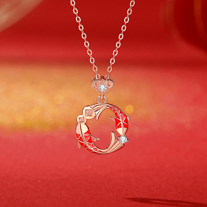 Buddha Stones 925 Sterling Silver Plated 18k Gold Double Koi Fish Blessing Necklace Pendant - Koi Fish Necklace - image 0