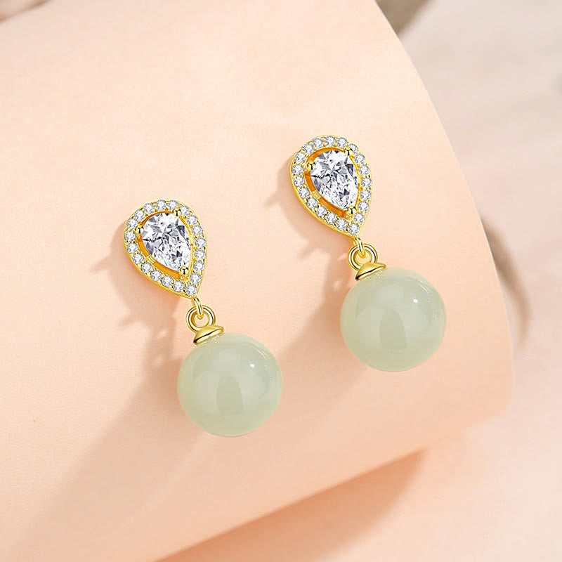 Buddha Stones 925 Sterling Silver Waterdrop Design Hetian Jade Bead Prosperity Earrings - Hetian Jade 925 Sterling Silver - image 1