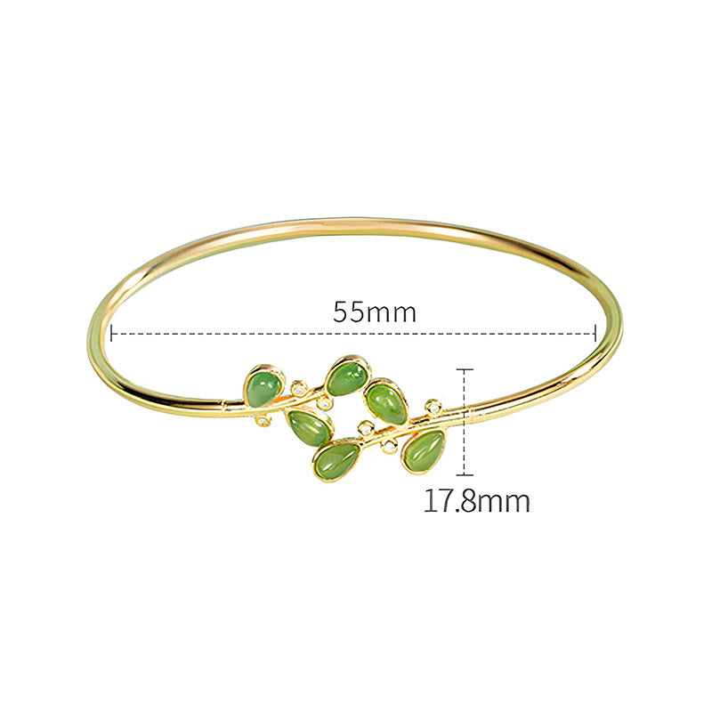 Buddha Stones 925 Sterling Silver Leaves Engraved Green Jasper Protection Bracelet Bangle - image 4
