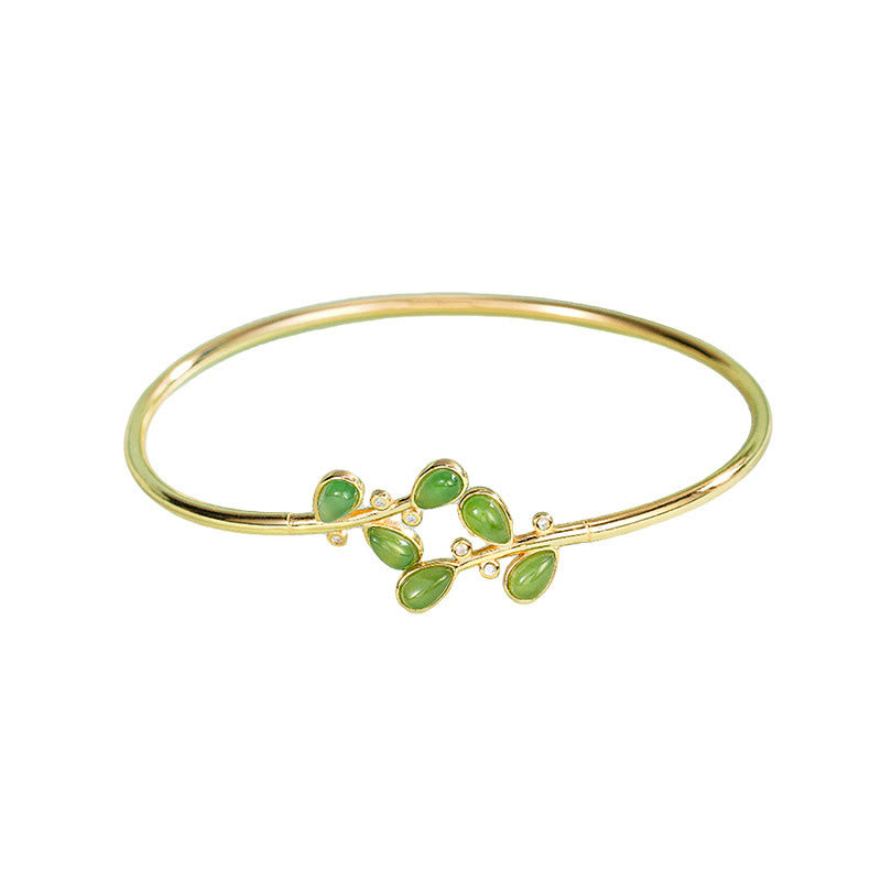 Buddha Stones 925 Sterling Silver Leaves Engraved Green Jasper Protection Bracelet Bangle - image 3