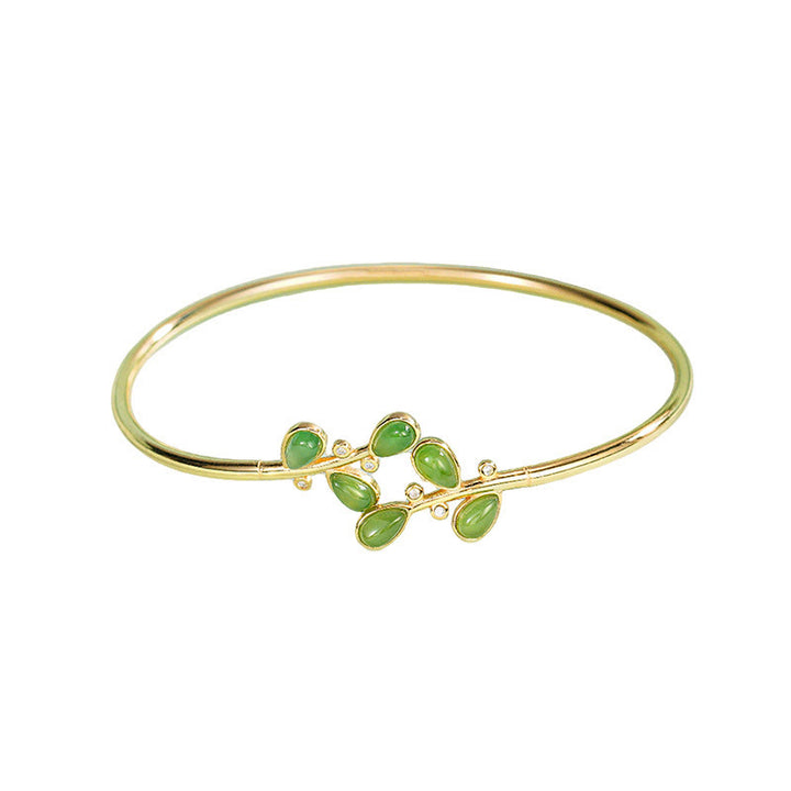 Buddha Stones 925 Sterling Silver Leaves Engraved Green Jasper Protection Bracelet Bangle - image 3
