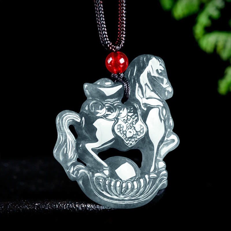 Buddha Stones Year of the Horse Jade Ingot Luck Prosperity Rope Necklace Pendant - image 1