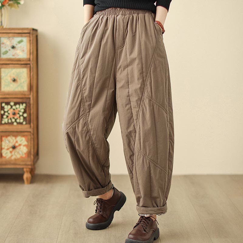 Buddha Stones Winter Plain High Waist Cotton Women's Harem Thermal Elastic Waist Pants With Pockets - image 11