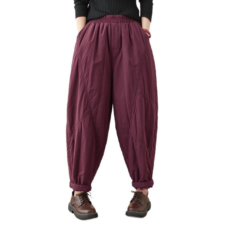 Buddha Stones Winter Plain High Waist Cotton Women's Harem Thermal Elastic Waist Pants With Pockets - image 26