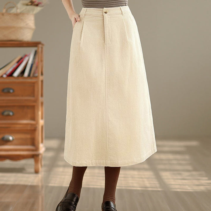 Buddha Stones Pure Color Elastic Waist Women's 7-8 Length Corduroy Skirt With Pockets - image 11