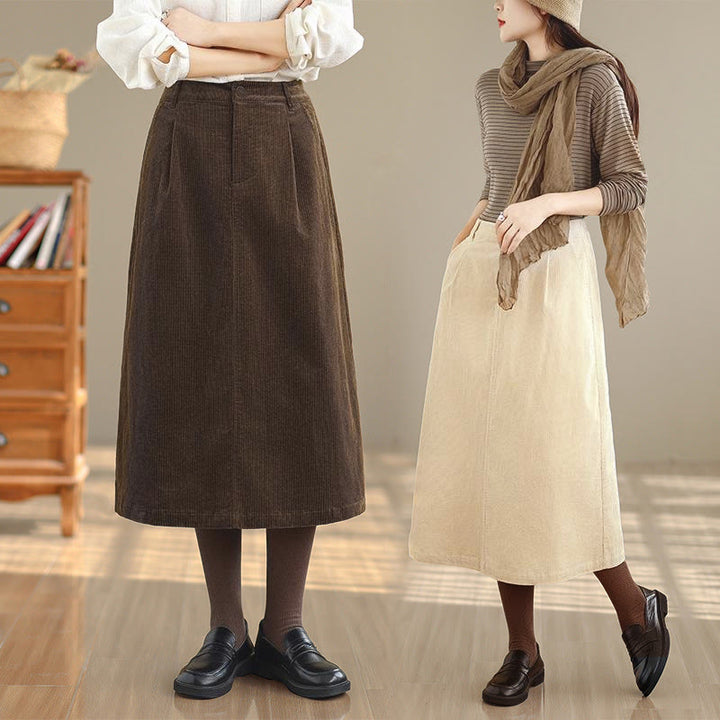 Buddha Stones Pure Color Elastic Waist Women's 7-8 Length Corduroy Skirt With Pockets - image 14