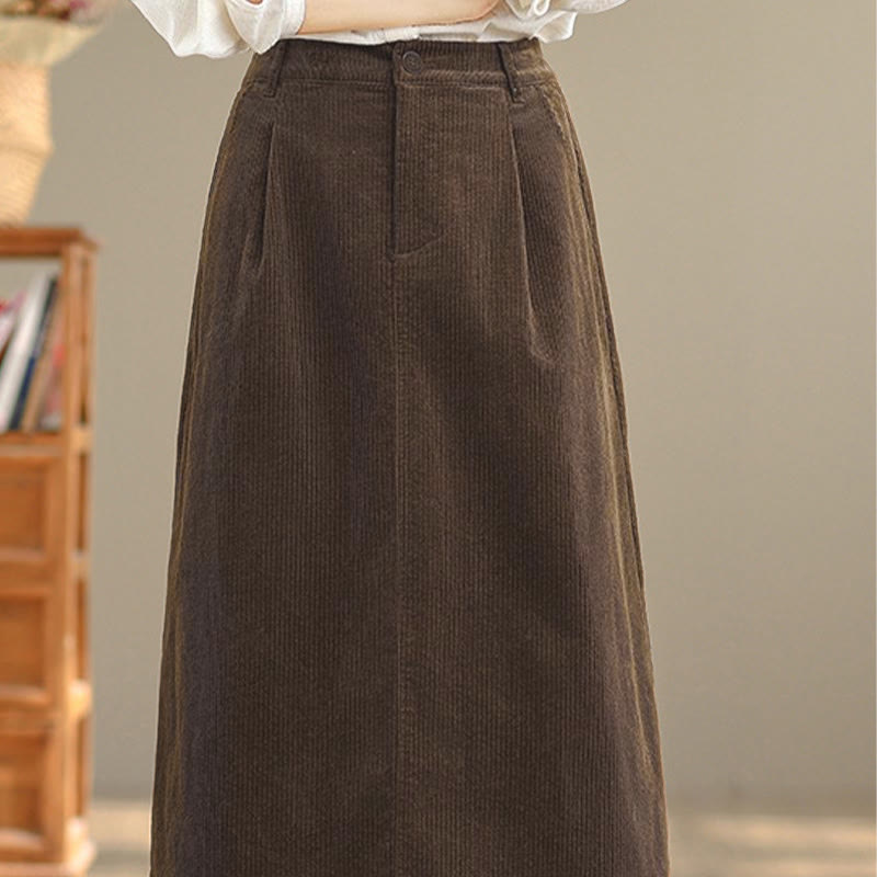 Buddha Stones Pure Color Elastic Waist Women's 7-8 Length Corduroy Skirt With Pockets - image 6