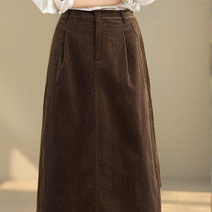 Buddha Stones Pure Color Elastic Waist Women's 7-8 Length Corduroy Skirt With Pockets - image 5
