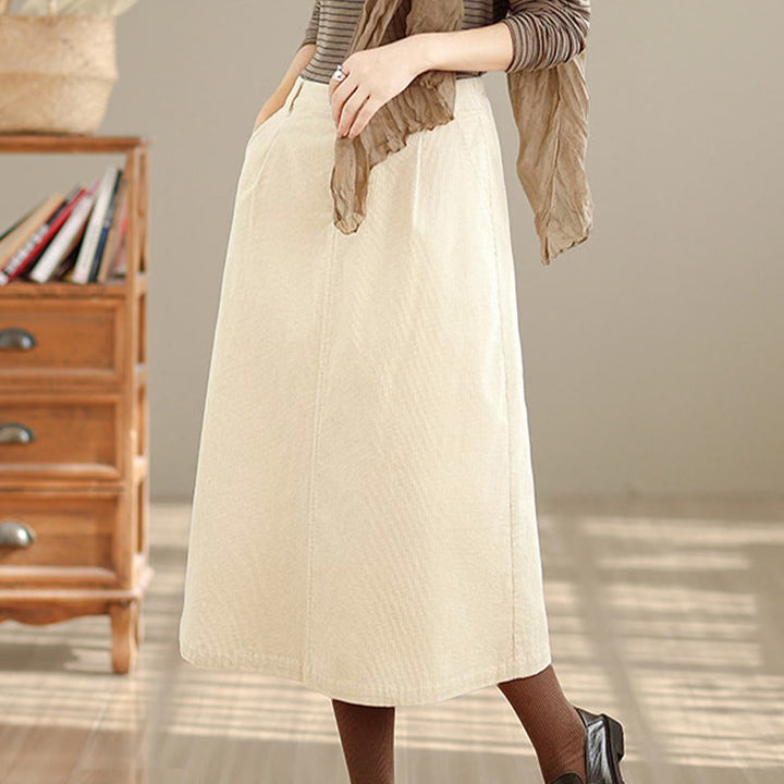 Buddha Stones Pure Color Elastic Waist Women's 7-8 Length Corduroy Skirt With Pockets - image 10