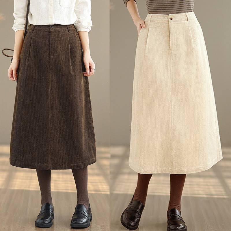 Buddha Stones Pure Color Elastic Waist Women's 7-8 Length Corduroy Skirt With Pockets - image 13