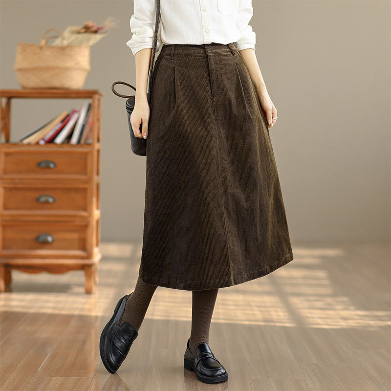 Buddha Stones Pure Color Elastic Waist Women's 7-8 Length Corduroy Skirt With Pockets - image 2