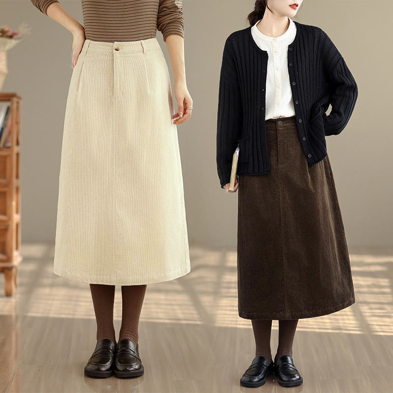 Buddha Stones Pure Color Elastic Waist Women's 7-8 Length Corduroy Skirt With Pockets - image 0