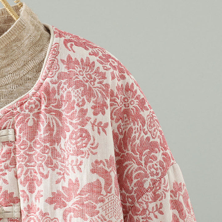 Buddha Stones Women's Peony Flowers Frog-Button Design Long Sleeve Thermal Jacket With Pockets - image 4