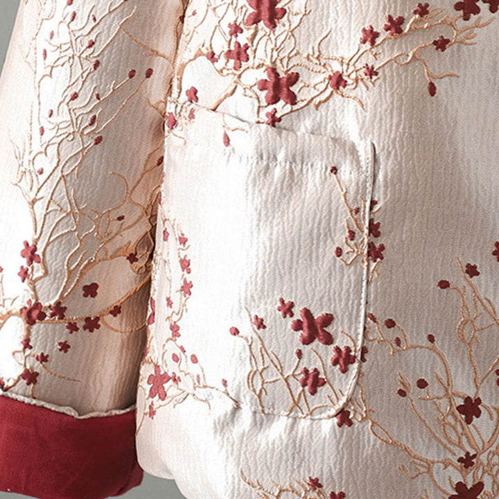 Buddha Stones Red Flowers Vine Buttons Design Long Sleeve Thermal Women's Jacket With Pockets - image 9