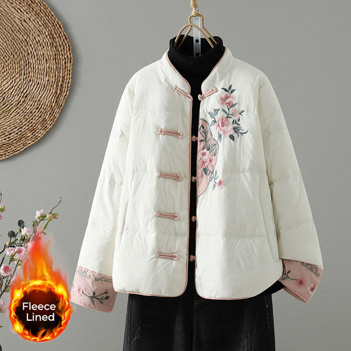 Buddha Stones Peach Blossom Embroidery Frog-Button Long Sleeve Thermal Women's Jacket With Pockets - White - US8-10，UK/AU12-14，EU40-42 (2XL) - image 15