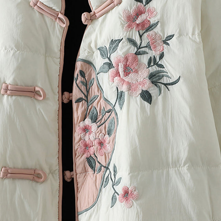 Buddha Stones Peach Blossom Embroidery Frog-Button Long Sleeve Thermal Women's Jacket With Pockets - image 19