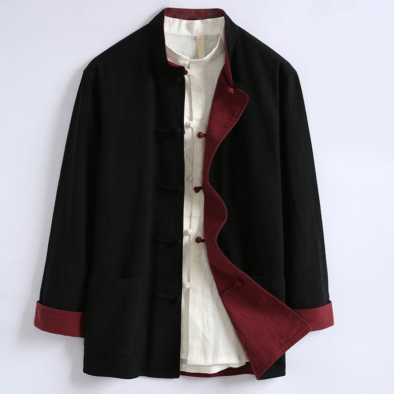 Buddha Stones Spring Chinese Reversible Men's Frog-Button Cotton Long Sleeve Jacket - Black - US/UK/AU46，EU56 (5XL) - image 3