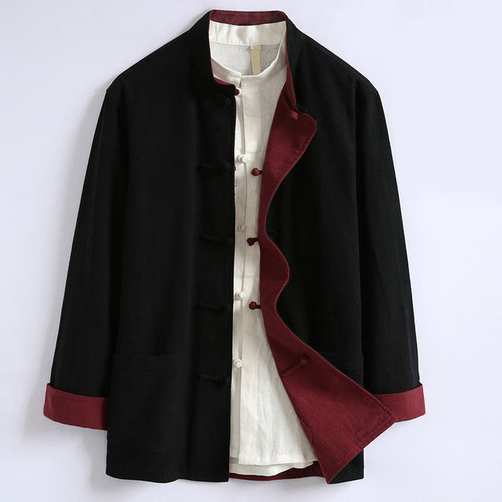 Buddha Stones Spring Chinese Reversible Men's Frog-Button Cotton Long Sleeve Jacket - Black - US/UK/AU44，EU54 (5XL) - image 3