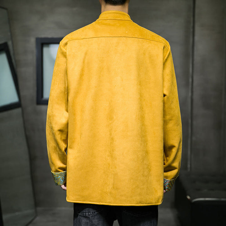 Buddha Stones Fall Waves Frog-Button Long Sleeve Men's Suede Cotton Jacket With Pockets - image 3