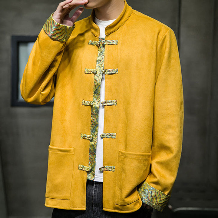 Buddha Stones Fall Waves Frog-Button Long Sleeve Men's Suede Cotton Jacket With Pockets - image 8