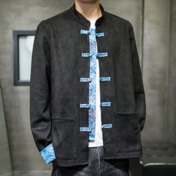 Buddha Stones Fall Waves Frog-Button Long Sleeve Men's Suede Cotton Jacket With Pockets - image 19