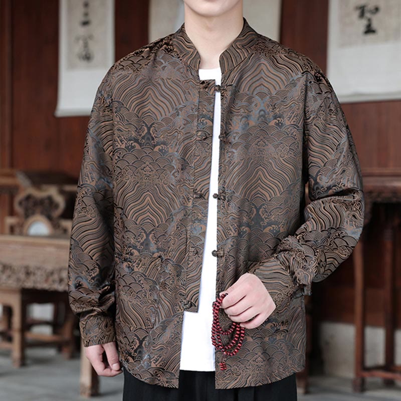 Buddha Stones Fall Flower Leaves Jacquard Frog-Button Long Sleeve Men's Jacket With Pockets - image 4