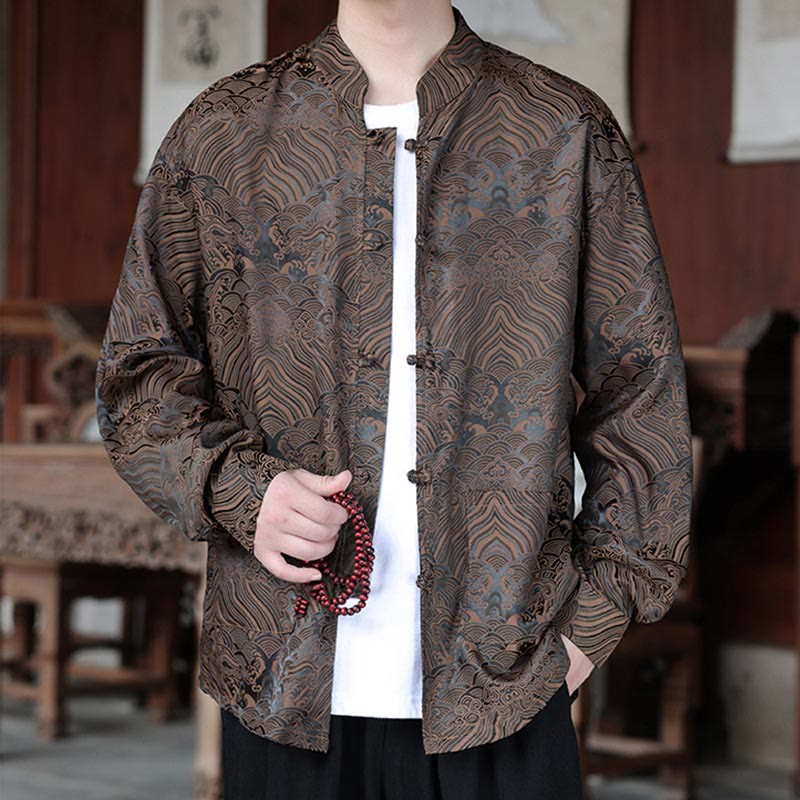 Buddha Stones Fall Flower Leaves Jacquard Frog-Button Long Sleeve Men's Jacket With Pockets - image 5